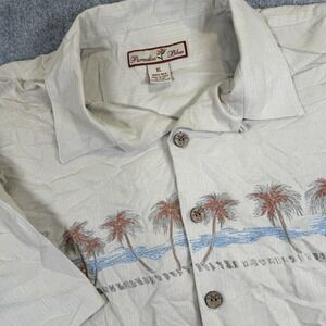 Paradise Blue Hawaiian Shirt XL Silk Palm Trees Beach Embroidered Tan Cream Surf
